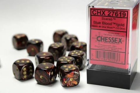 12 Blue Blood/gold Scarab 16mm D6 Dice Block - CHX 27619