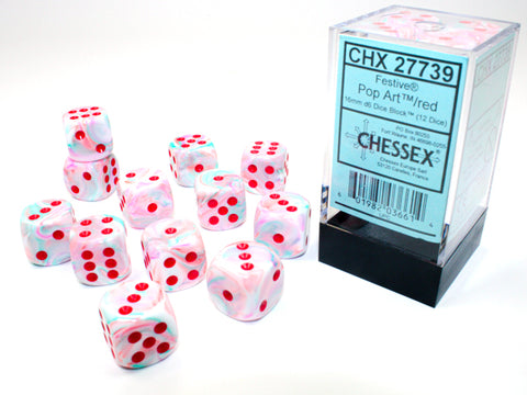 12 Pop Art/red Festive 16mm D6 Dice Block - CHX 27739