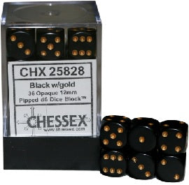 36 12mm Opaque Black/gold D6 Dice Block - CHX25828