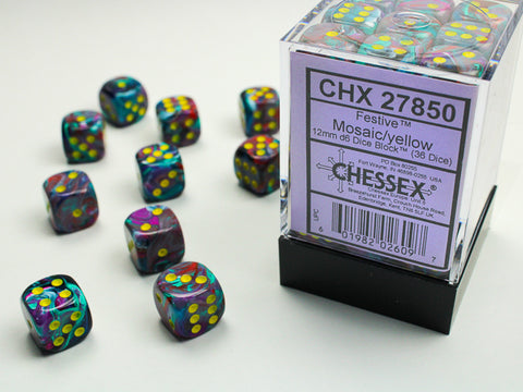 36 12mm Mosaic w/Yellow Festive D6 Dice - CHX27850