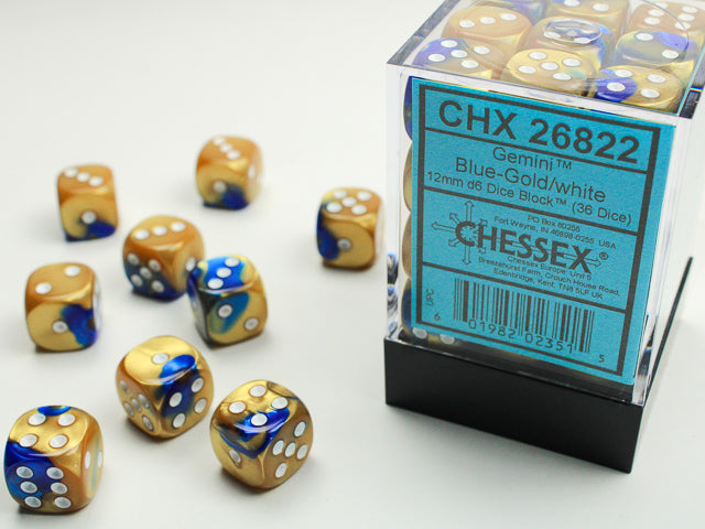 36 12mm Blue-Gold w/White Gemini D6 Dice Block - CHX26822