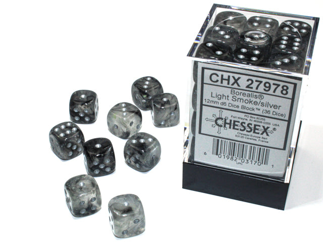 36 12mm Light Smoke w/Silver Borealis Luminary D6 Dice - CHX 27978