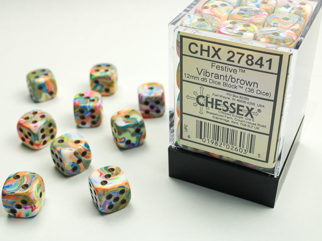 36 12mm Vibrant w/Brown Festive D6 Dice - CHX27841